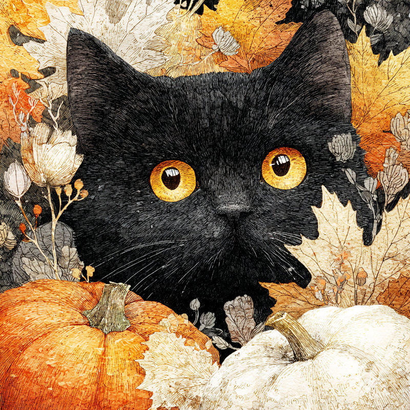 «Curious Cat with Pumpkins», art mural sur toile tendue