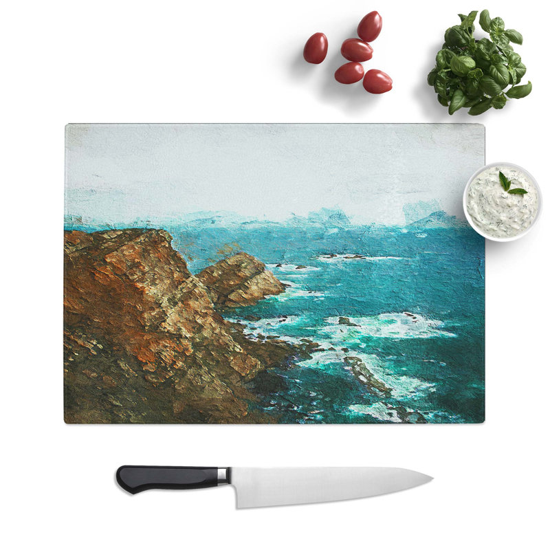 Tempered Glass Ocean View from Faro Cabo Penas in Spain Chopping Board, 39 cm W x 28.5 cm L