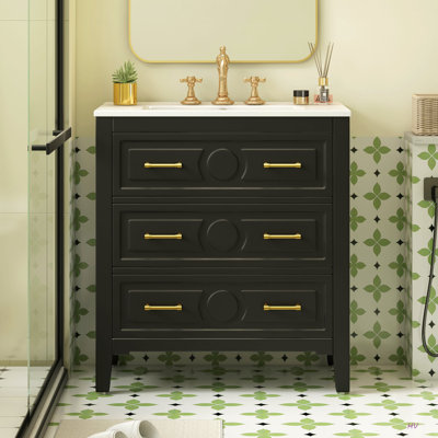 Ensemble de meuble-lavabo simple 30 po avec 3 tiroirs, meuble-lavabo autoportant avec cadre en bois massif 30 po