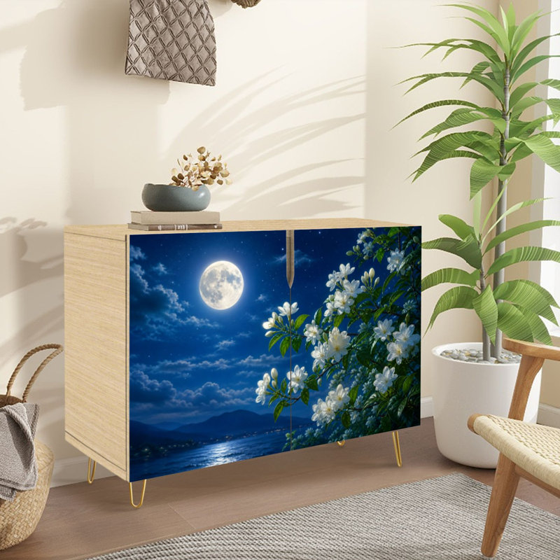 Sideboard Buffet Cabinet with Storage Full Moon Night Sky Glowing Stars White Blossoming Flowers with 2 Doors for Living Room and Kitchen