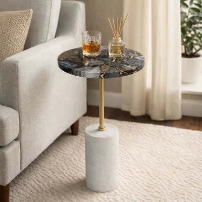 Table de bout latérale Lima, agate noire ronde de 12 pouces, base cylindrique en marbre