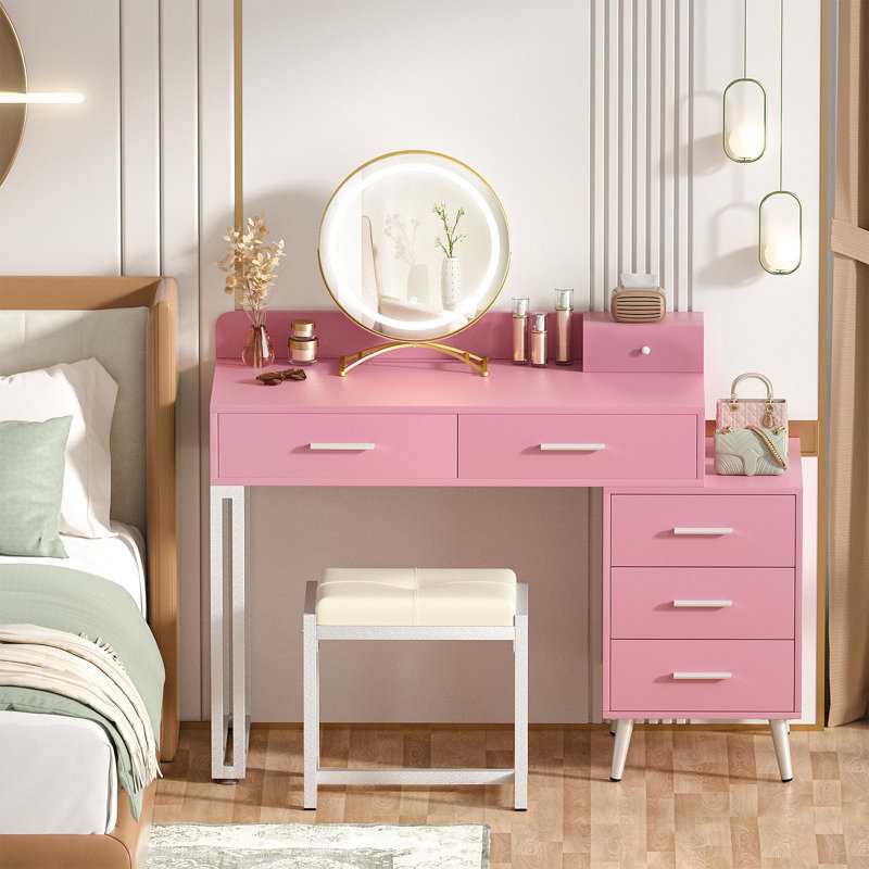 Grosmark Makeup Vanity Desk with Stool and LED Mirror, Pink/White