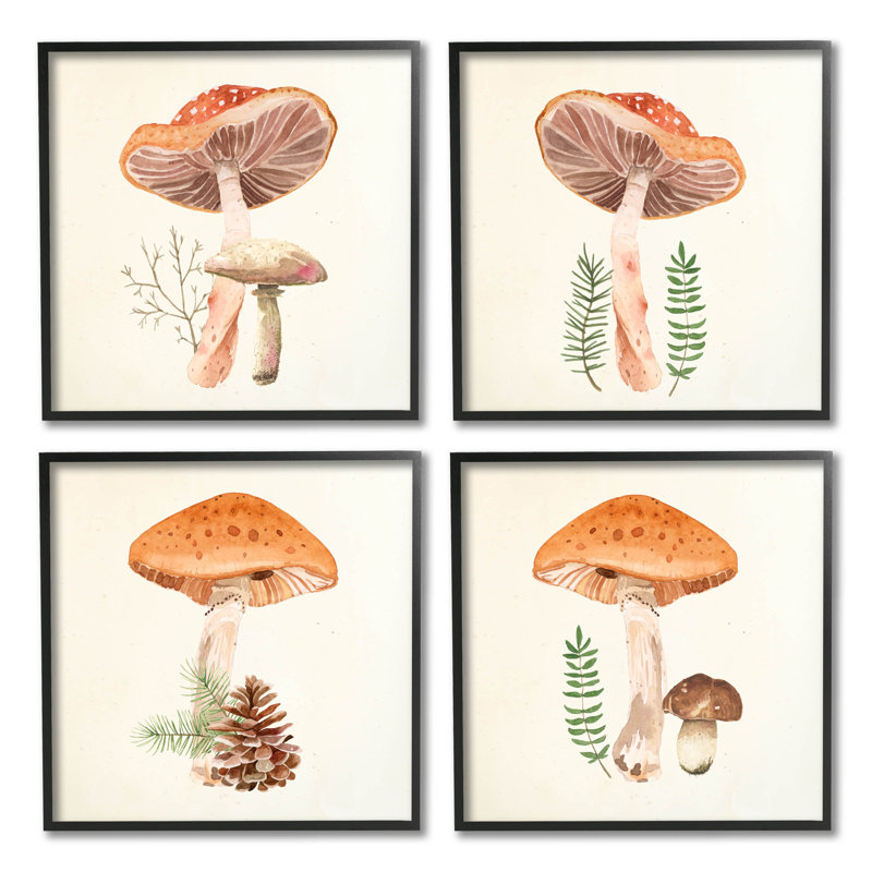 Woodland Mushroom Botanical Sprouts, ensemble de 4 giclées encadrées par Lucca Sheppard, Giclée encadrée noir minuit