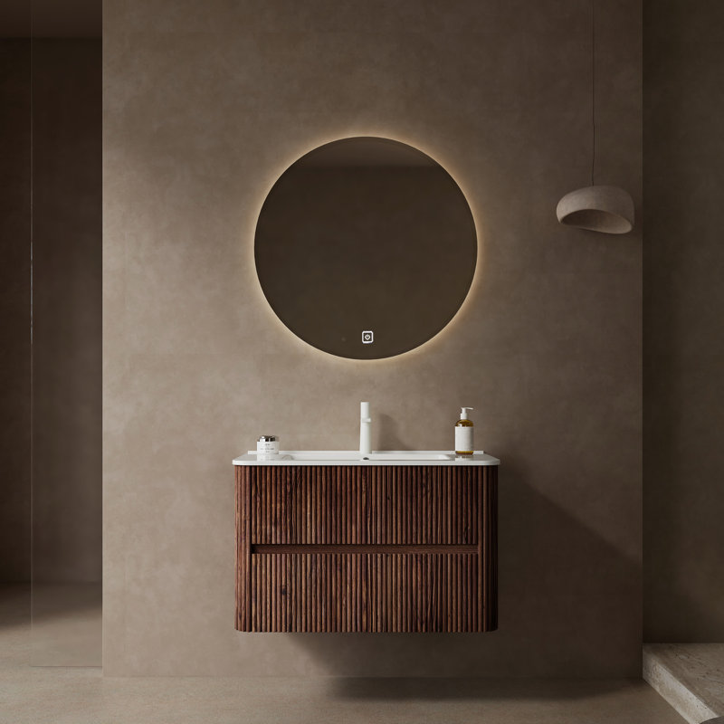 Armoire de salle de bain moderne avec lavabo, meuble-lavabo en contreplaqué, 2 tiroirs, lavabo et vasque en céramique blanche, pré-assemblé, meuble-lavabo rétro en noyer - meuble-lavabo de 30 po