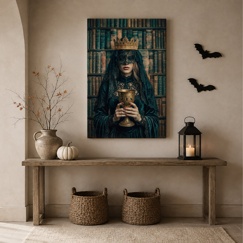 Dame en couronne dorée et voile de dentelle noire tenant une toile d'Halloween, H 18 po x l 12 po