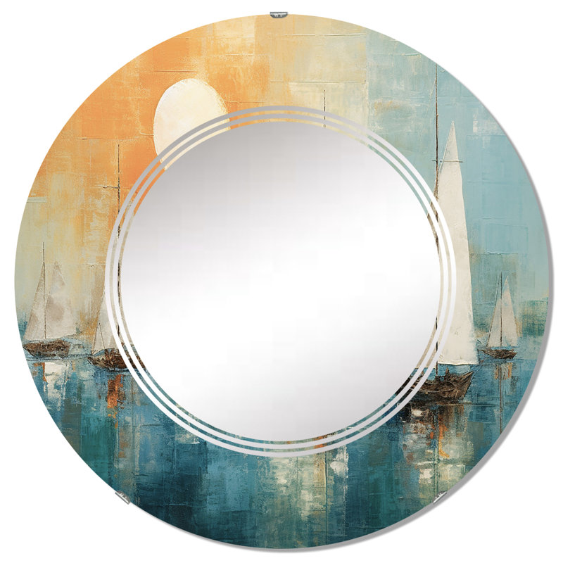 Bateau abstrait Coastline I - Miroir mural moderne rond, 32 po x 32 po