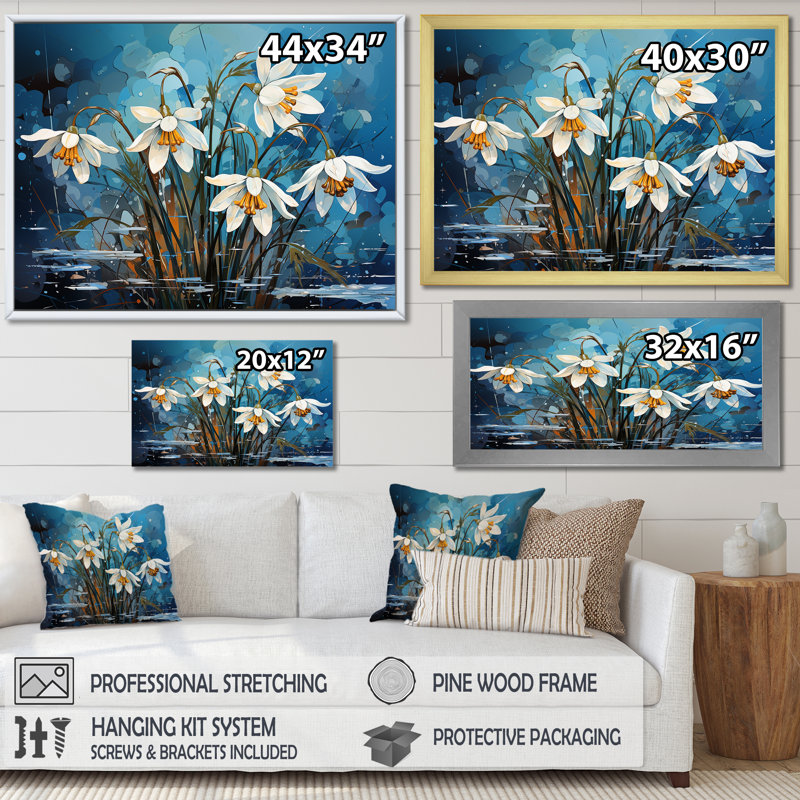 «Realistic Snowdrops Winter Chills III», reproduction sur toile, H 16 po x l 32 po x P 1 po, Cadre doré simple