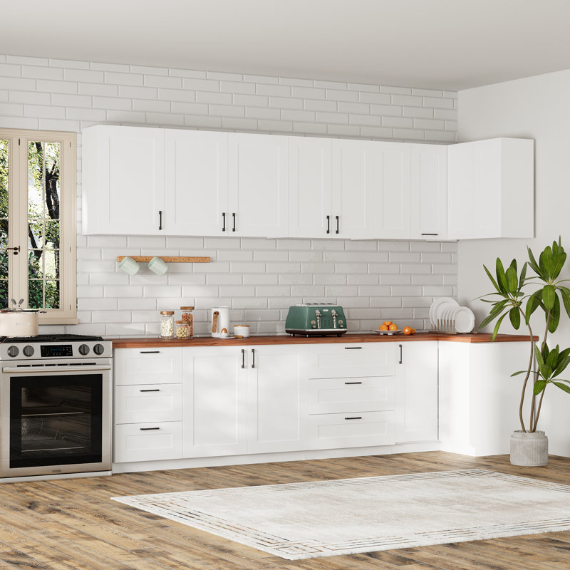 Ensemble de garde-manger blanc 3 pièces, rangement modulaire autoportant avec espace de comptoir ouvert prêt à couler, fabrication en panneau de fibres à densité moyenne, tablettes réglables et tiroirs pleine extension