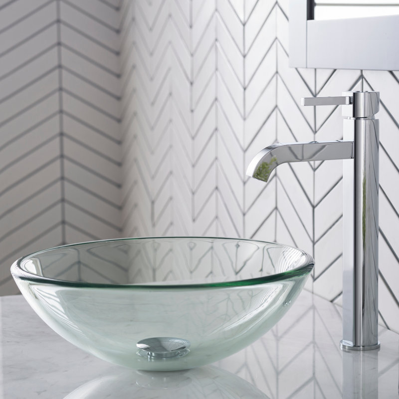 Clear Glass Circular Vessel Bathroom Sink with Faucet, Chrome
