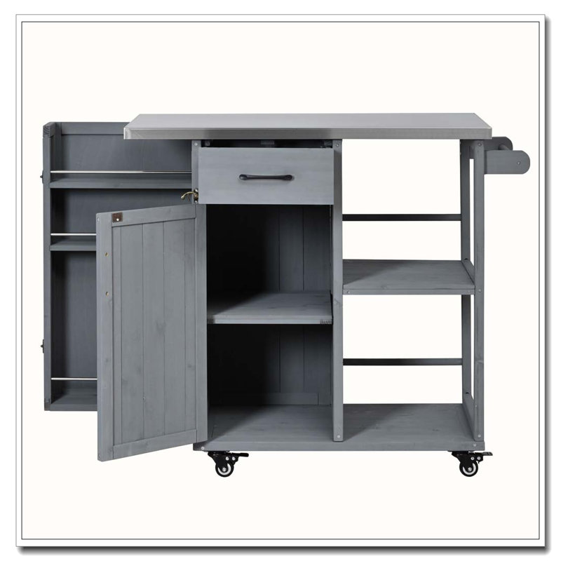Outdoor Kitchen Island Fir Wood Prep Station Lockable Kitchen Cart with Stainless Top, Ample Storage Space, Grey