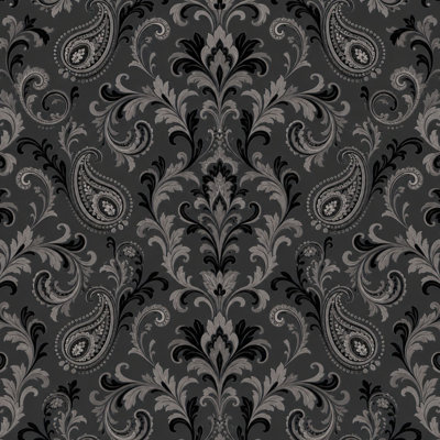 Papier peint adhésif damassé à motif cachemire noir et gris rétro l 17,7 po x H 118 po Pez and Stick
