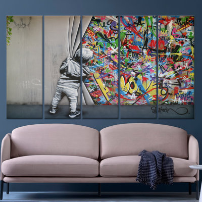 Printed Canvas: Banksy Boy Graffiti Art - Elegant Modern Decor,5P Wrapped Canvas
