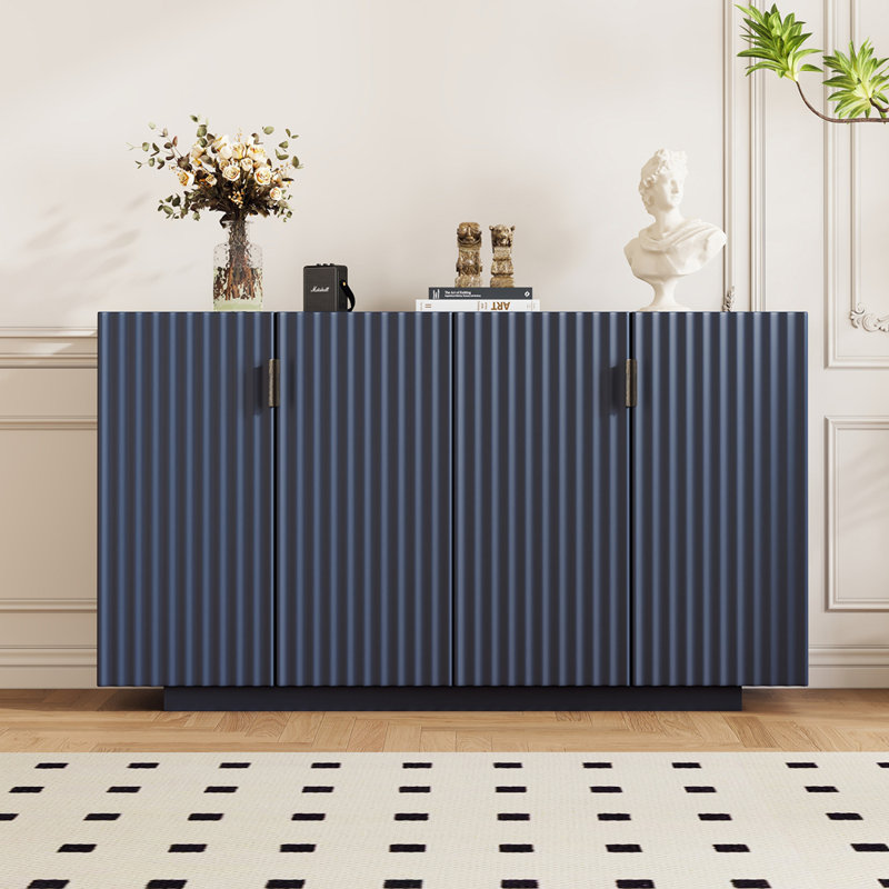 Buffet antique bleu marine avec rangement spacieux, 4 portes cannelées et tablettes réglables pour la salle à manger et le salon