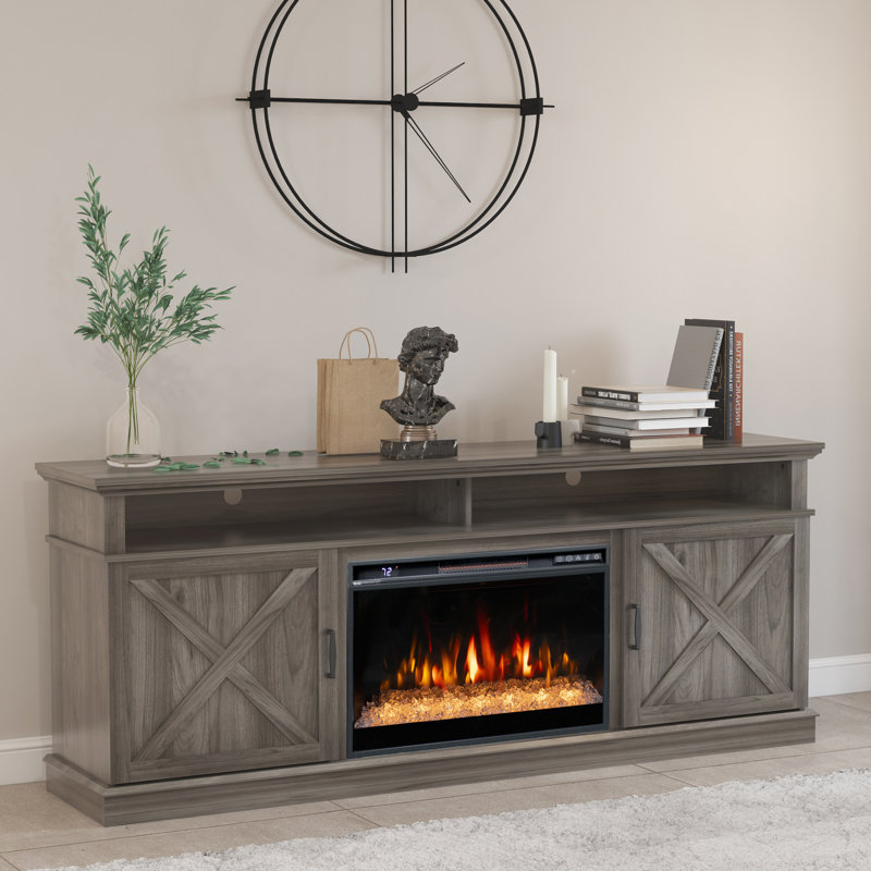 Angelly Unfinished TV Stand for TVs up to 78" with Fireplace Included, Gray