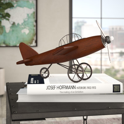 Wood Airplane Decorative Brown Sculpture with Gray Metal Accents