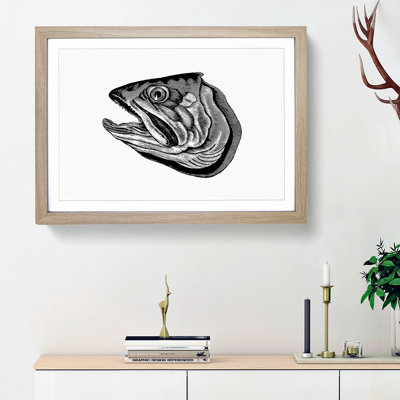 Fish Head Illustration in Black & White - Framed Print