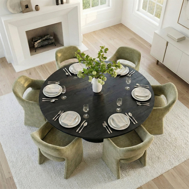 Ensemble de table de salle à manger pour 6 personnes avec table ronde et 6 chaises rembourrées en tissu, Noir, Vert sauge