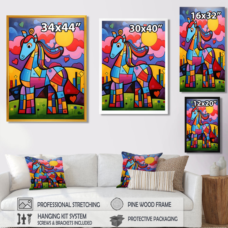 Portrait géométrique de cheval pour chambre d'enfants II - cheval, art mural, Cadre flottant noir, H 20 po x l 12 po x P 1 po