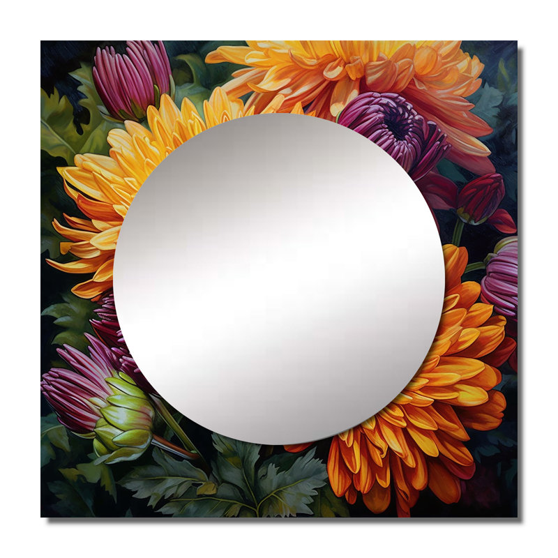 Orange Purple Mums In Bloom - Floral Large Square Mirror Wall Decor For Bedroom, 36" x 36"