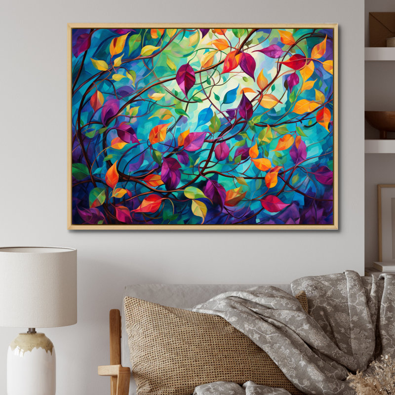 Multicolor Vibrant Vines I - Abstract Botanicals, art mural, H 30 po x l 40 po x P 1,5 po, Cadre flottant en érable