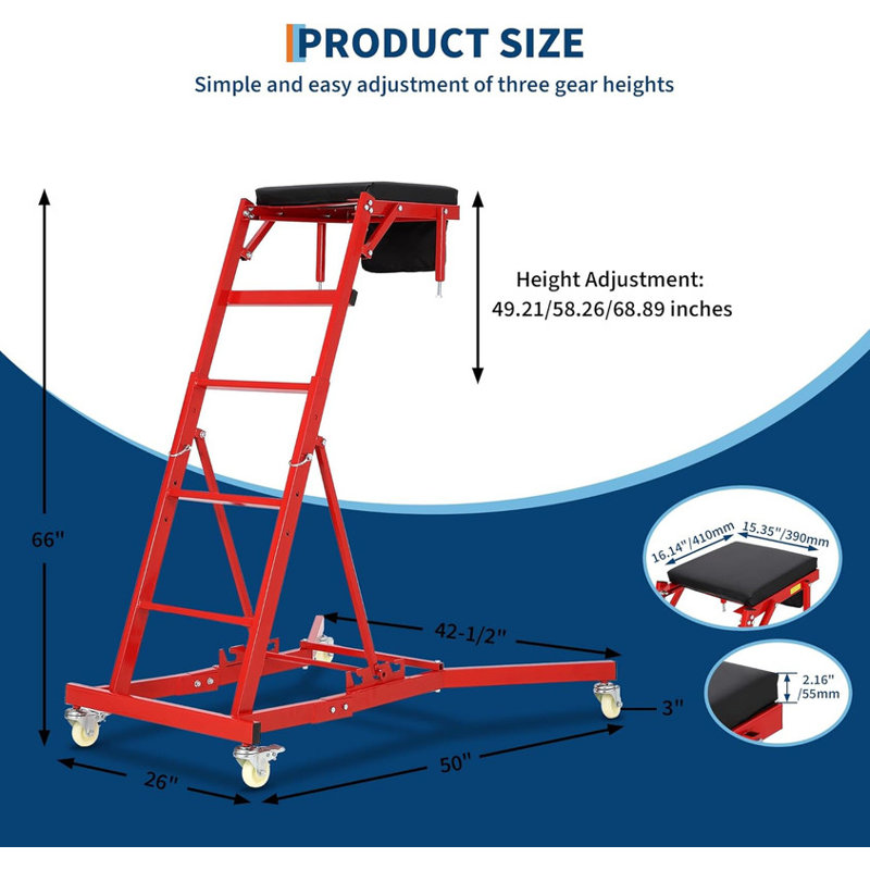 Adjustable Mechanic Creeper 49.2"-68.9" with Locking Wheels & Tool Pouch, Red