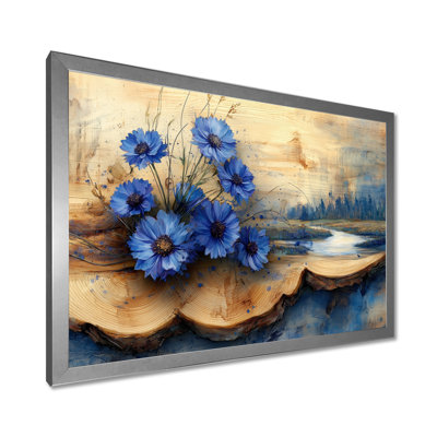 Fleurs bleues turquoise et paysage de rivière en bois V - Art mural de bleuet pour le salon