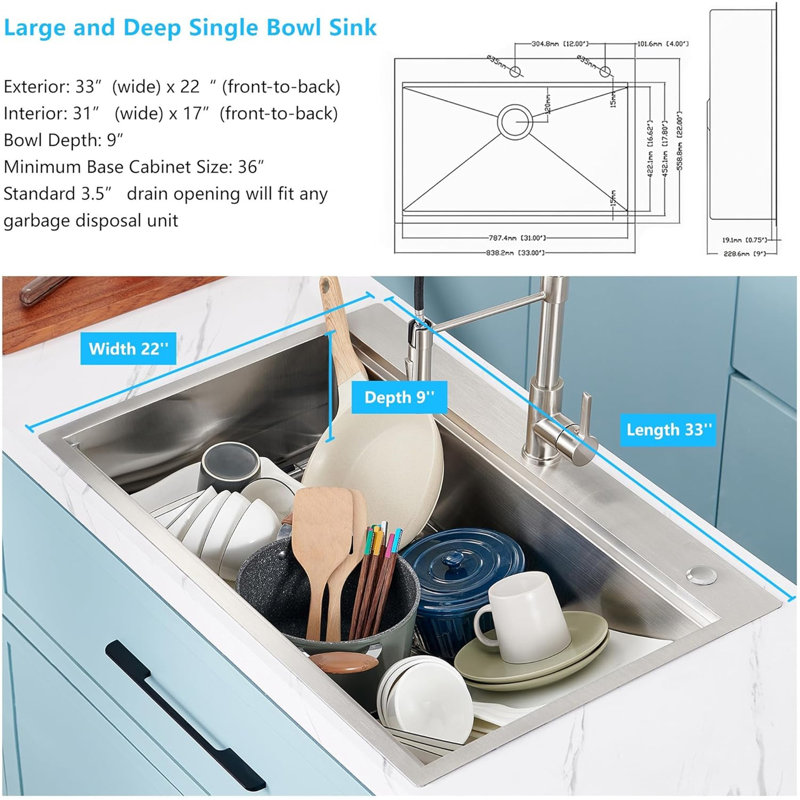 33 X 22 Drop In Stainless Steel Workstation Sink, 33 Inch 18-Gauge Stainless Steel Drop-In Kitchen Sink, Handmade Single Bowl Workstation R10 Rounded Corner Kitchen Sink With Accessories