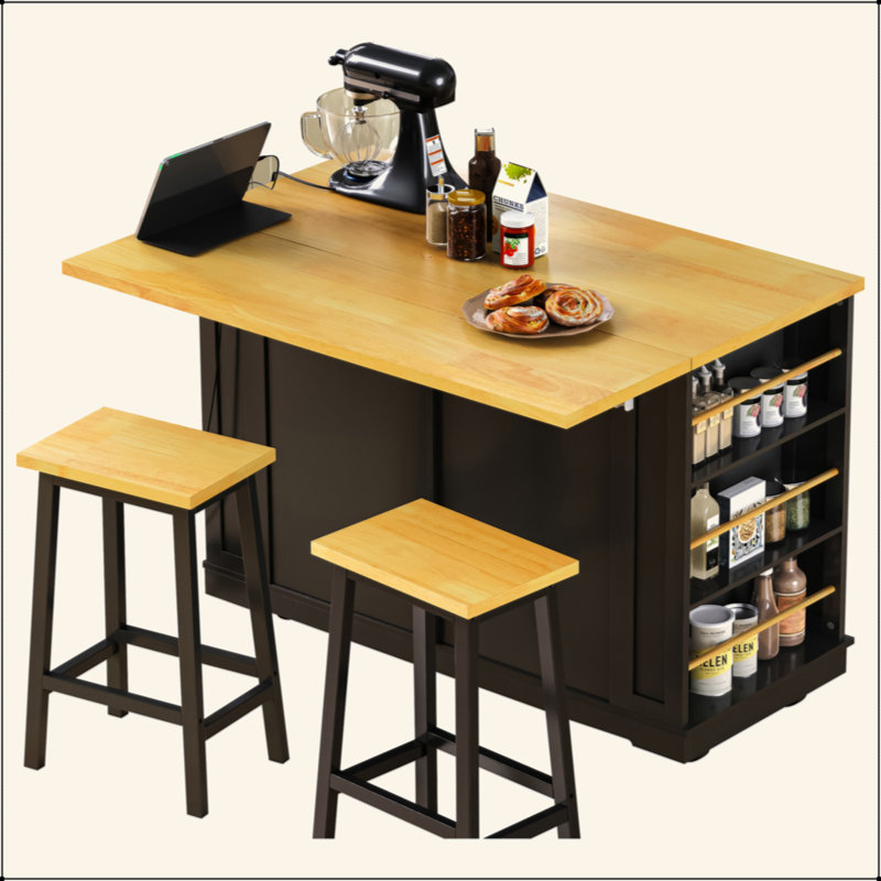 48Inch Large Kitchen Island With 2 Bar Stools, Power Outlet, Door Internal Storage Rack, Kitchen Storage Cart On 5 Wheels With Drop Leaf, 5 Open Side Racks, 2 Drawers,For Kitchen,Dining Room