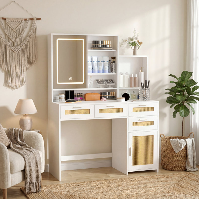 Meuble-lavabo en rotin avec miroir à DEL ouvert, 3 lumières colorées, 4 tiroirs, armoire et tablettes pour la chambre à coucher