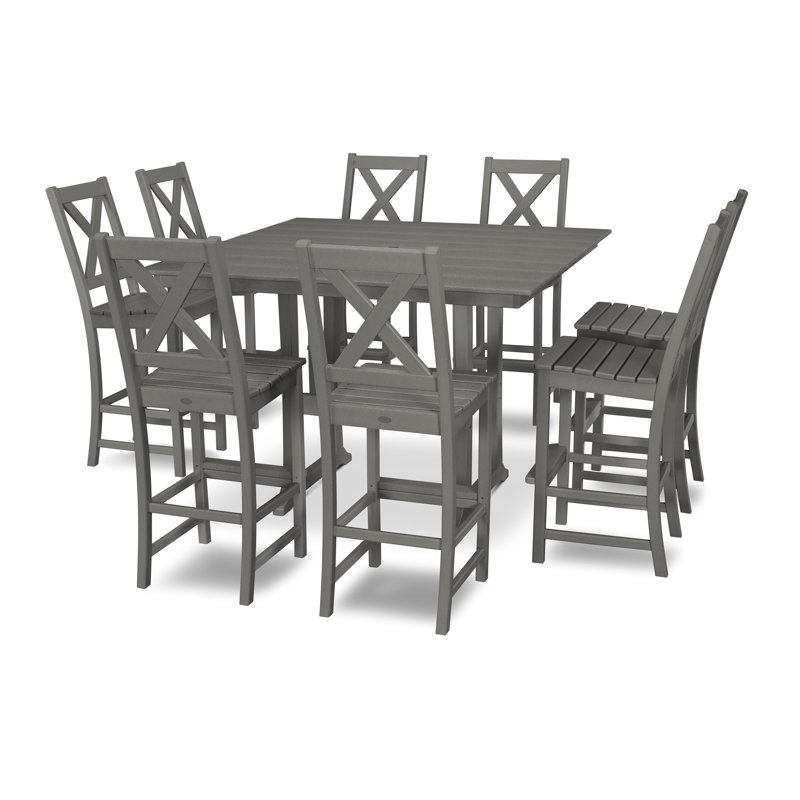 Braxton 9-Piece Farmhouse Trestle Bar Set, Slate Gray