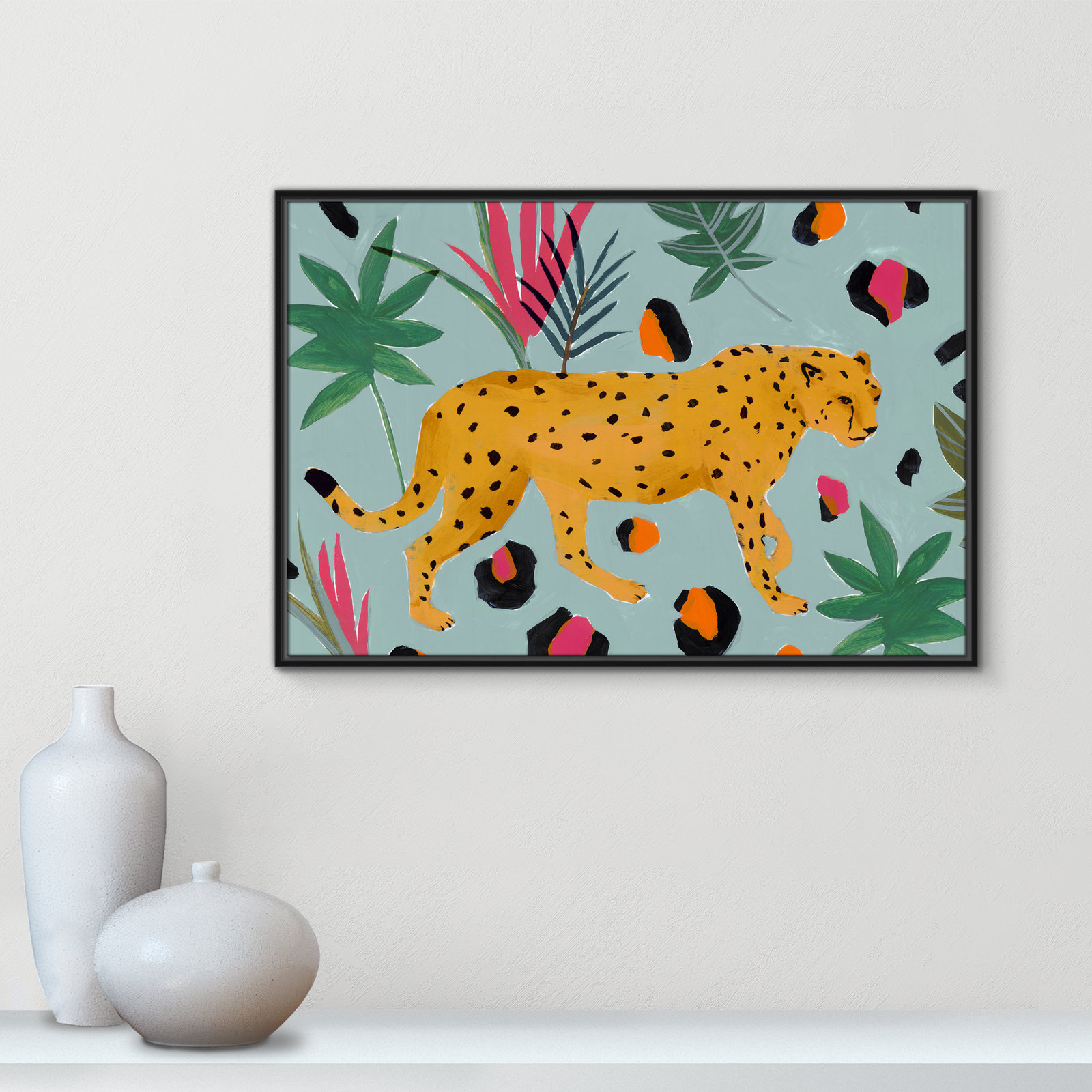 Walking Cheetah II by Isabelle Z - Painting Print, Black Framed Canvas, 25.5" H x 37.5" W x 2" D