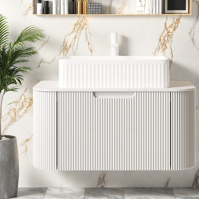 Meuble-lavabo flottant moderne avec lavabo, céramique durable et pierre frittée, finition blanche