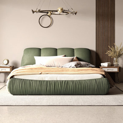 King Size Luxury Upholstered Platform Bed with Oversized Padded Backrest, Solid Pine Frame, Fits 6"-12" Mattresses, Emerald Green