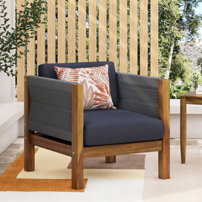 Fauteuil de jardin Wood Club Enjoyment Furniture, détails en corde tressée, revêtement en tissu imperméable, profondeur 69 cm, coussin d'assise, hauteur 66 cm
