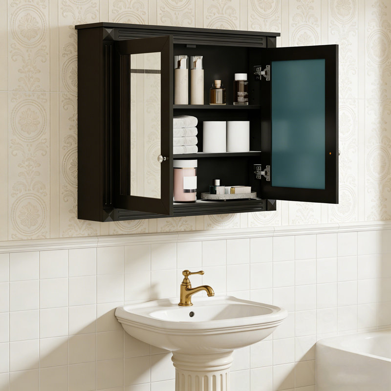Armoire murale Straitson avec 2 miroirs et 2 tablettes réglables, Noir
