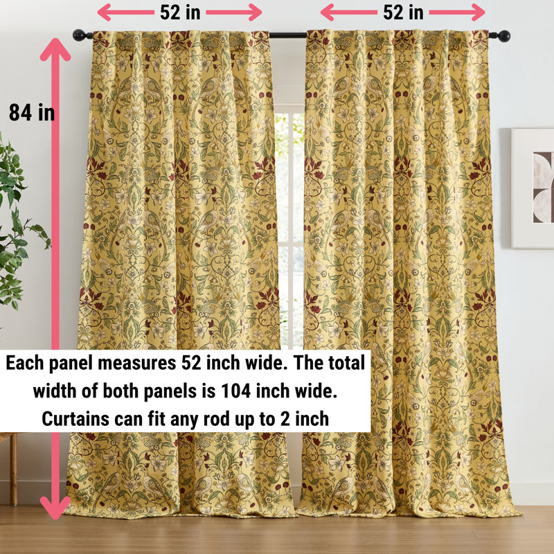 HLC.ME Florence Floral & Birds Patterned Window Back Tab Rod Pocket Curtains Bedroom - Light Blocking Darkening Window Panels, Set of 2 (Mustard Yellow, 52 W x 84 L)