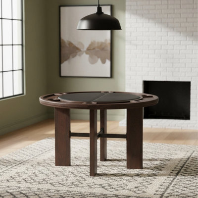 Table de salle à manger et de jeux Gorman au fini noyer avec insert en similicuir noir
