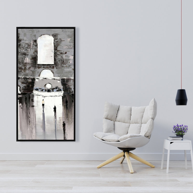 Gray building with passersby - 24"x48" Framed canvas