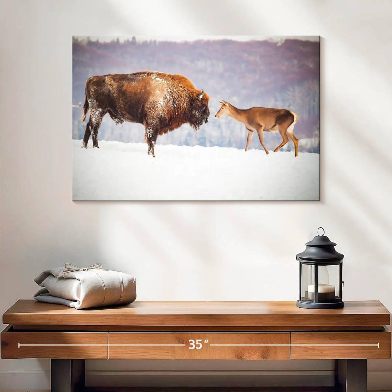 Bison de Brampt et cerf en hiver, H 16 po x l 24 po
