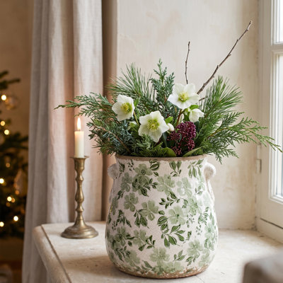 Vintage Rustic Ceramic Planter & Vase, French Country Flower Pot for Indoor Plants & Home Garden Decor