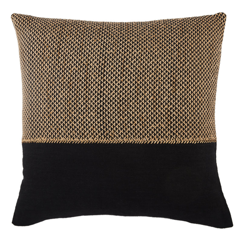 Sila Geometric Light Tan and Black Embroidered Pillow Cover, 22" Square