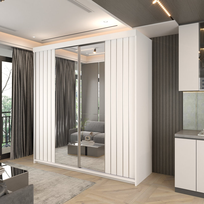 Modern Double Sliding Door Wardrobe in /Grey/Oak/White, White, 217cm H x 150cm W x 62cm D