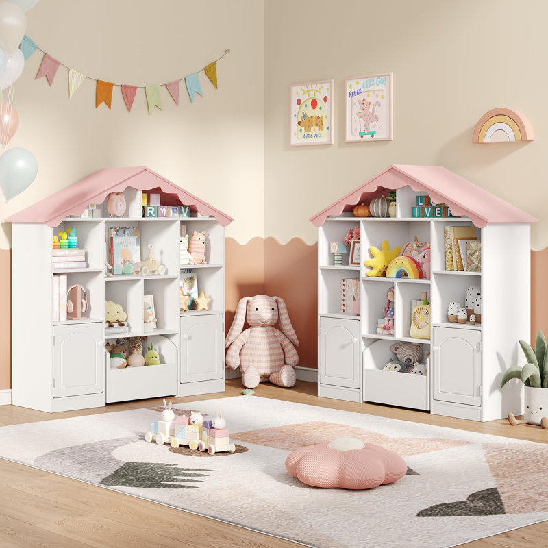 Bibliothèque pour enfants en forme de maison de 109 cm (42,9 po) avec toit rose ondulé