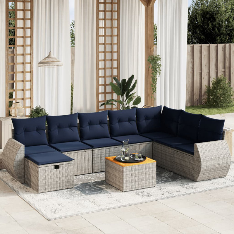 Ensemble de canapé de patio 7 pièces avec coussins en rotin de polyester, Gris, Marine