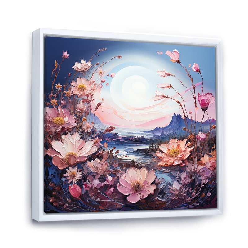 Lune mauve avec paysage de rêve, H 24 po x l 24 po x P 1 po, Cadre flottant blanc