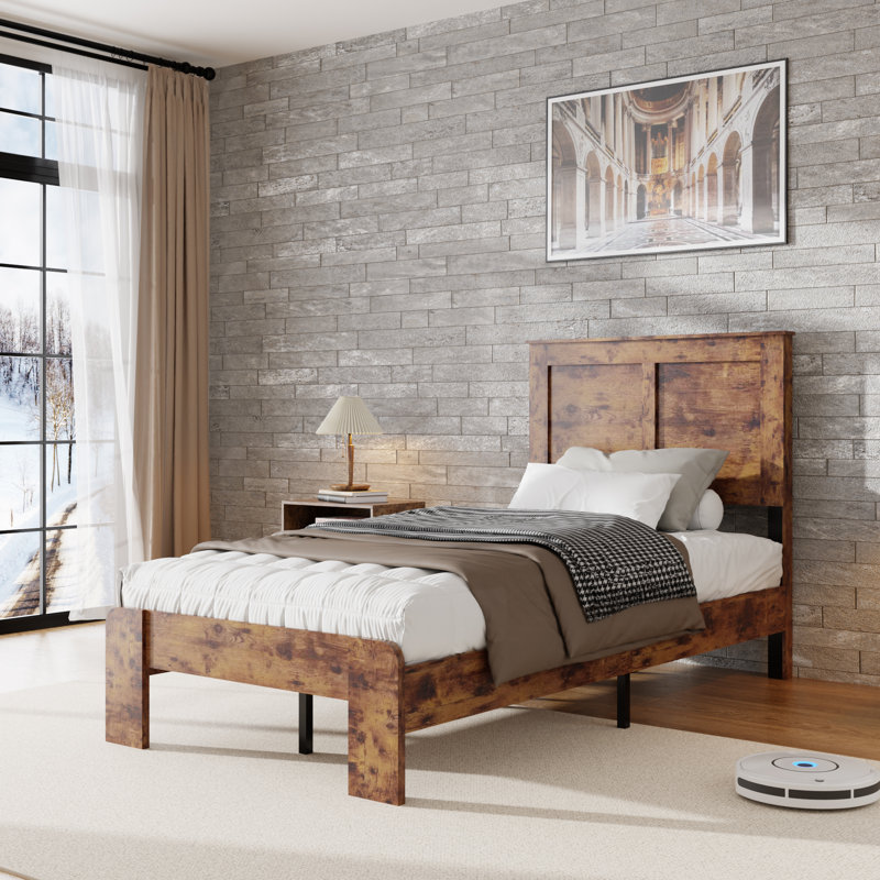 Structure de lit plateforme simple en bois avec grand rangement sous le lit, silencieux, sans sommier, facile à assembler, brun clair