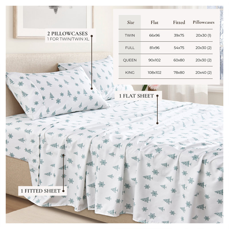 Soft Printed Microfiber Sheet Set, King Sheet Set with 2 Pillowcases, Snow and Pines