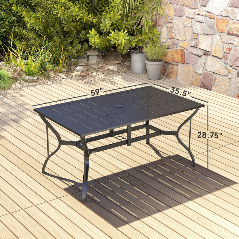 Steel Rectangle Outdoor Dining Table,Rectangular Patio Table With Umbrella Hole