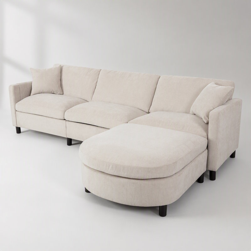 Canapé de coin confortable avec coussins amovibles et pouf, idéal pour les salons modernes, Beige Polyester