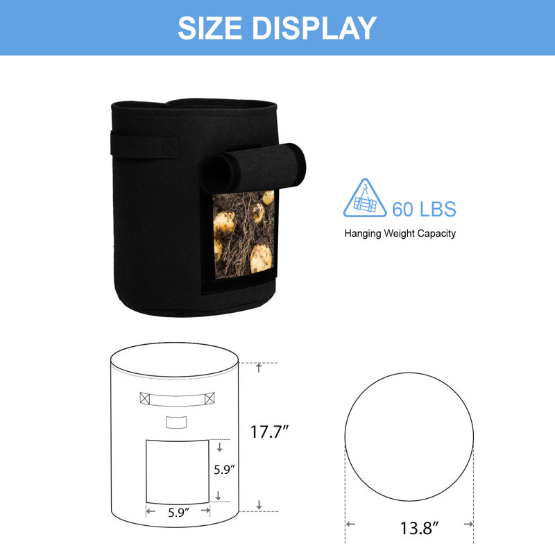 Temika Chemical Fiber Grow Bags with Window, 10 Gallon, Black